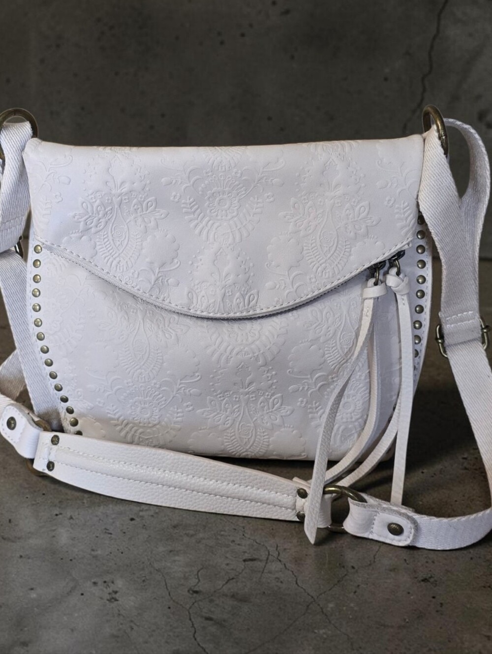 The Sak Stone Silverlake Floral Embossed Studded Crossbody Bag Ivory White